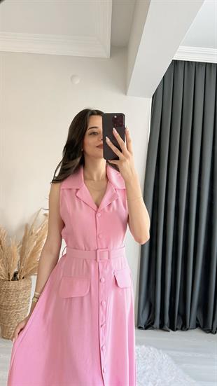 Olyvia Tensel Kumaş Lüx Kalite Düğmeli Kemerli Maxi Elbise Pembe