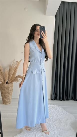 Olyvia Tensel Kumaş Lüx Kalite Düğmeli Kemerli Maxi Elbise Mavi