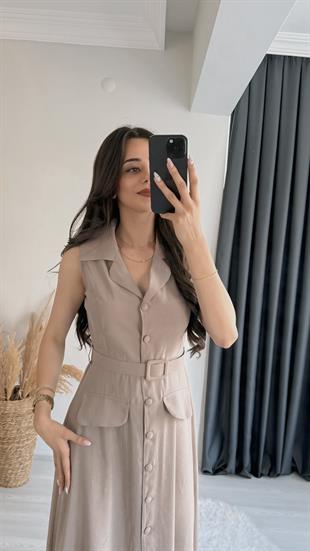 Olyvia Tensel Kumaş Lüx Kalite Düğmeli Kemerli Maxi Elbise Vizon
