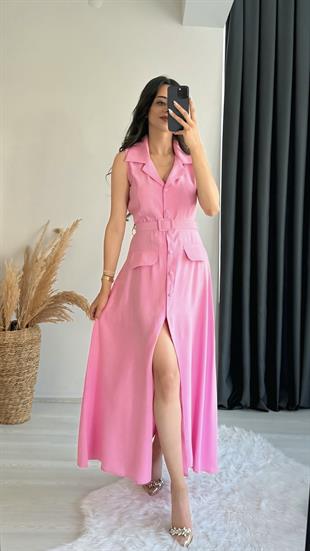 Olyvia Tensel Kumaş Lüx Kalite Düğmeli Kemerli Maxi Elbise Pembe