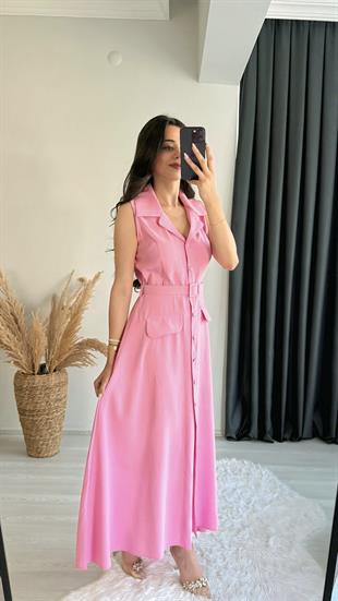 Olyvia Tensel Kumaş Lüx Kalite Düğmeli Kemerli Maxi Elbise Pembe