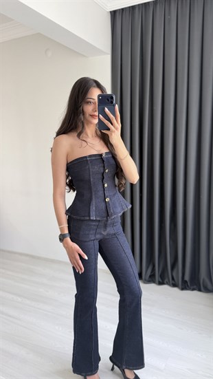 Oriante Denim Straplez Volanlı Takım