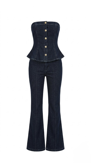 Oriante Denim Straplez Volanlı Takım