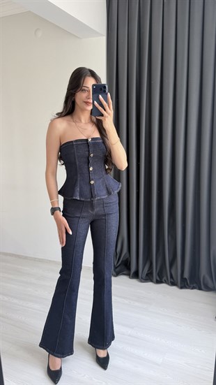 Oriante Denim Straplez Volanlı Takım