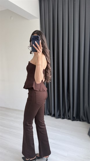 Oriante Kahve Denim Straplez Volanlı Takım