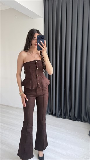 Oriante Kahve Denim Straplez Volanlı Takım