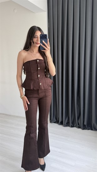 Oriante Kahve Denim Straplez Volanlı Takım