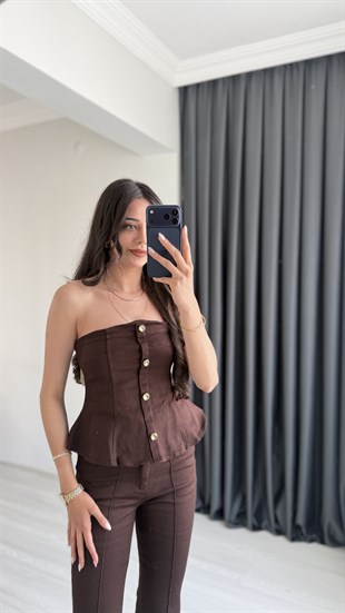 Oriante Kahve Denim Straplez Volanlı Takım