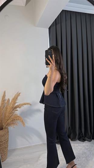 Oriente Denim Straplez Volanlı Takım
