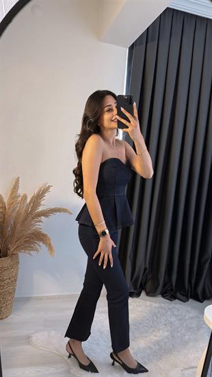 Oriente Denim Straplez Volanlı Takım