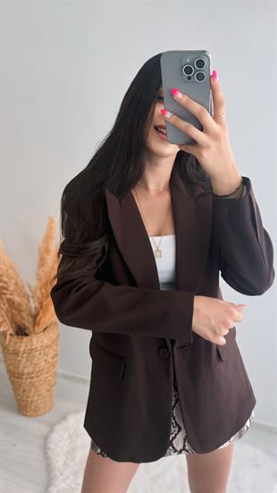 Loket Vatkalı Double Atlas Kumaş Blazer Ceket Kahve