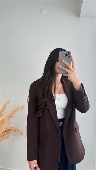 Loket Vatkalı Double Atlas Kumaş Blazer Ceket Kahve
