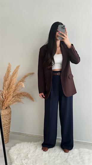 Loket Vatkalı Double Atlas Kumaş Blazer Ceket Kahve