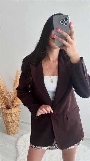 Loket Vatkalı Double Atlas Kumaş Blazer Ceket Kahve