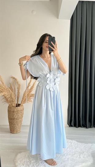 Oxana Çiçek İşlemeli Omuz Büzgülü Elbise Mavi