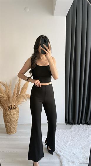 Oysh Model Penye Kaşkorse Likralı Relax Siyah Pantalon 