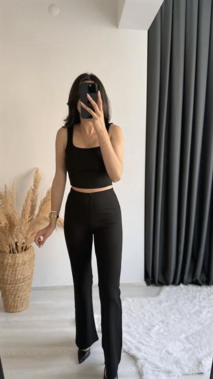 Oysh Model Penye Kaşkorse Likralı Relax Siyah Pantalon 