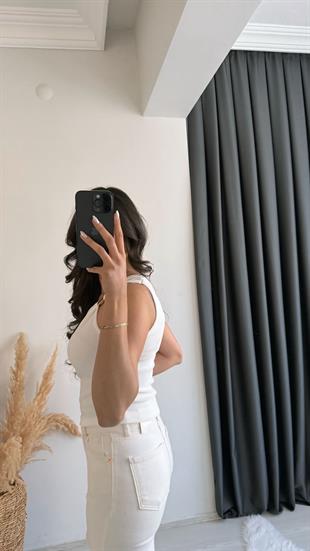 Pint Omuz Tokalı Crop Bluz Beyaz