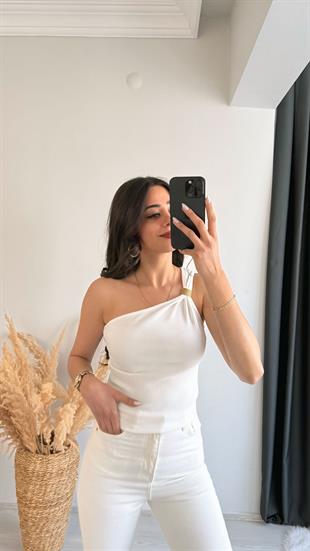 Pint Omuz Tokalı Crop Bluz Beyaz