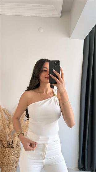 Pint Omuz Tokalı Crop Bluz Beyaz