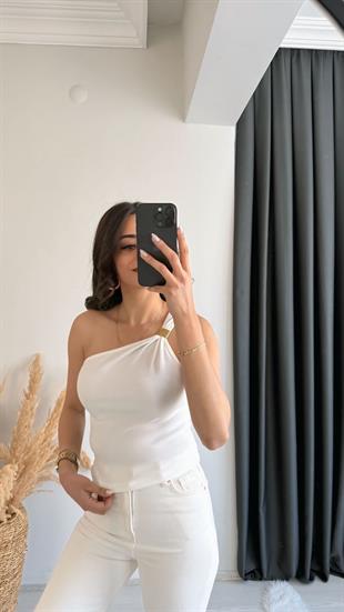 Pint Omuz Tokalı Crop Bluz Beyaz