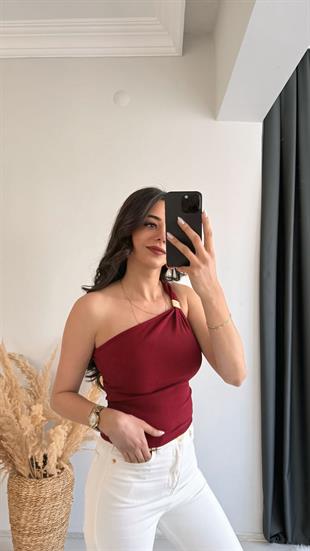 Pint Omuz Tokalı Crop Bluz Bordo