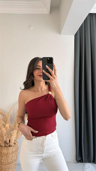 Pint Omuz Tokalı Crop Bluz Bordo