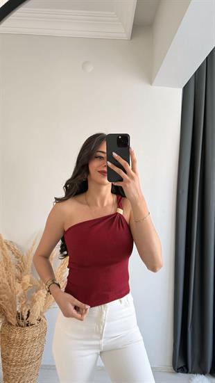 Pint Omuz Tokalı Crop Bluz Bordo