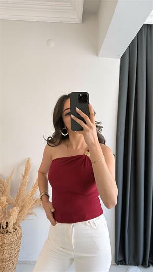 Pint Omuz Tokalı Crop Bluz Bordo