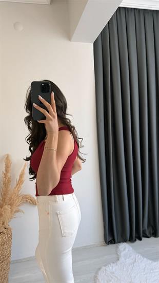 Pint Omuz Tokalı Crop Bluz Bordo