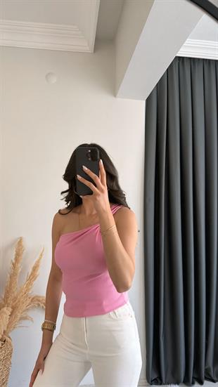 Pint Omuz Tokalı Crop Bluz Pembe