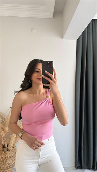 Pint Omuz Tokalı Crop Bluz Pembe