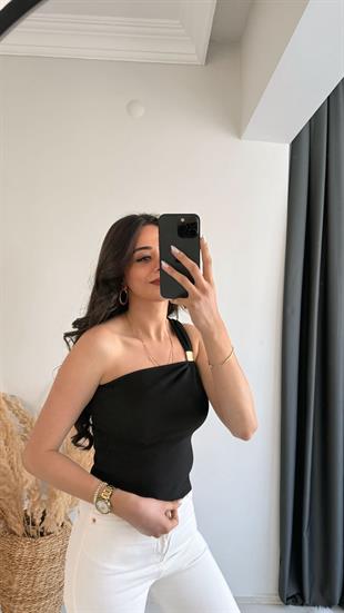 Pint Omuz Tokalı Crop Bluz Siyah