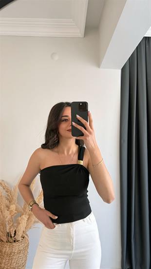 Pint Omuz Tokalı Crop Bluz Siyah