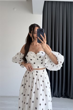 Pola Puantiye Desenli Balon Kol Bluz Ve Etek Takım 