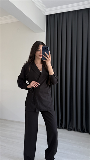 Polina Kruvaze Yaka İp Bağlamalı Ceket Ve Pantalon Takım Siyah