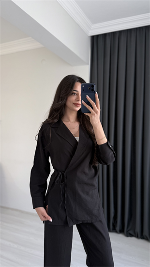 Polina Kruvaze Yaka İp Bağlamalı Ceket Ve Pantalon Takım Siyah