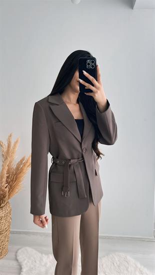 Premium Kalite Kemerli Astarlı Double Kalın Kumaş Blazer Ceket Kahve