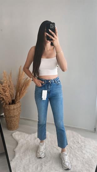 Premium Kalite Paçası Kesik Toparlayıcı Boyfit Jean Klasik Mavi 
