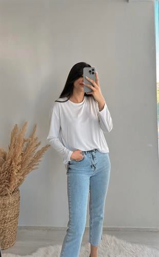 Premium Kalite Paçası Kesik Toparlayıcı Boyfit Jean Yıkamalı Mavi 