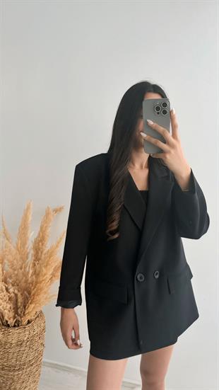 Premium Kalite Siyah Astarlı Double Kalın Kumaş Blazer Ceket Siyah