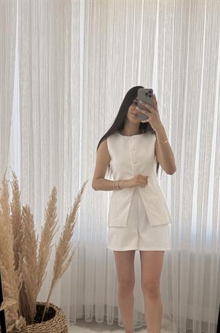 Premium Seri Pinterest Model Şort Yelek Takım Beyaz