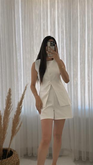 Premium Seri Pinterest Model Şort Yelek Takım Beyaz
