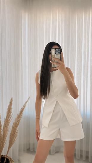 Premium Seri Pinterest Model Şort Yelek Takım Beyaz