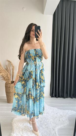Princes Mavi Çiçek Desenli Katlı Elbise