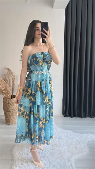 Princes Mavi Çiçek Desenli Katlı Elbise