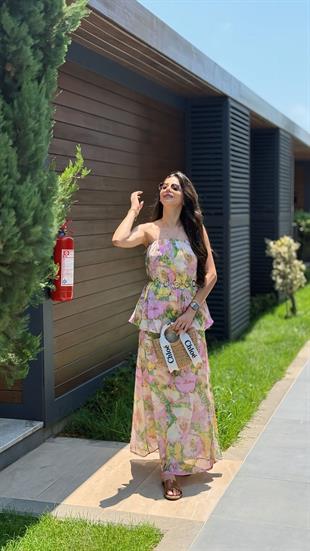 Princes Pembe Çiçek Desenli Katlı Elbise