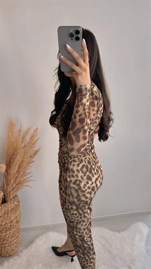 Quade Leopar Desenli Drape Detaylı Tül Midi Elbise 