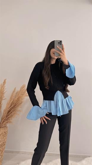 Rani Mng Model Gömlekli Tasarım Triko Siyah Mavi