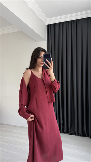 Reva Tensel Kumaş Gömlekli Elbise Takım Bordo